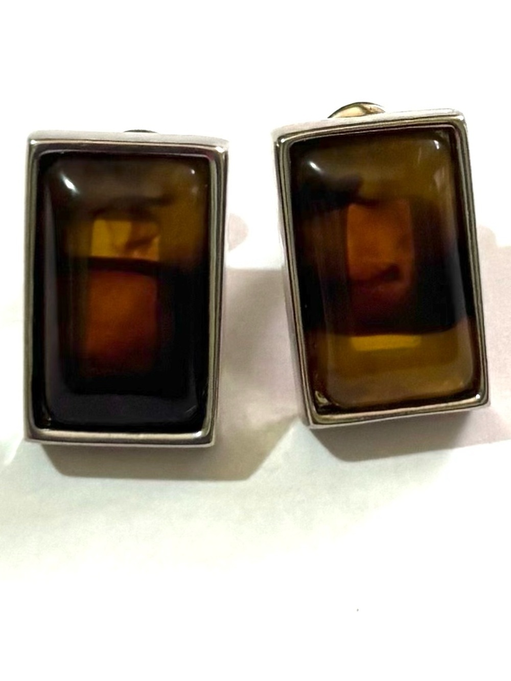 Vintage Brown Rectangular Stone  earrings Silver Frame